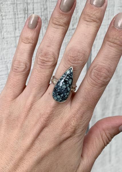 One of a Kind Teardrop Spotted Tibetan Turquoise Sterling Silver Ring with Patterned Ring Band | Turquoise Ring | December Birthstone picture