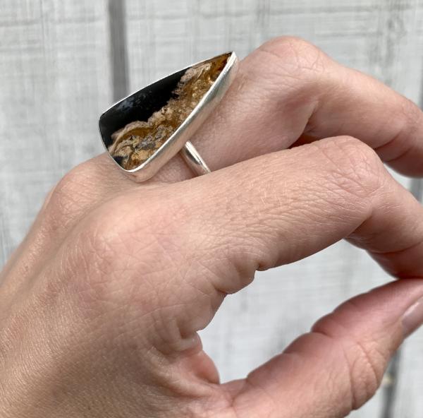 Geometric Triangle Petrified Palm Wood Sterling Silver Statement Ring picture