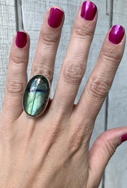 Stunning Bright Flashy Large Oval Labradorite Sterling Silver Statement Ring | Protection Stone picture