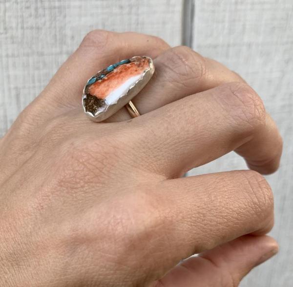 Unique Geometric Freeform Spiny Oyster Turquoise Ring with Copper Highlights and 14 Karat Gold Filled Ring Band picture