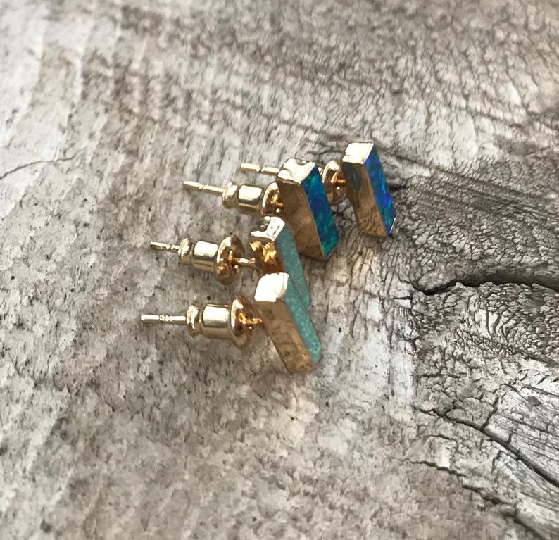 Elegant Bar Opal Gold Earrings | Opal Studs | White Opal Earrings | Blue Opal Earrings picture