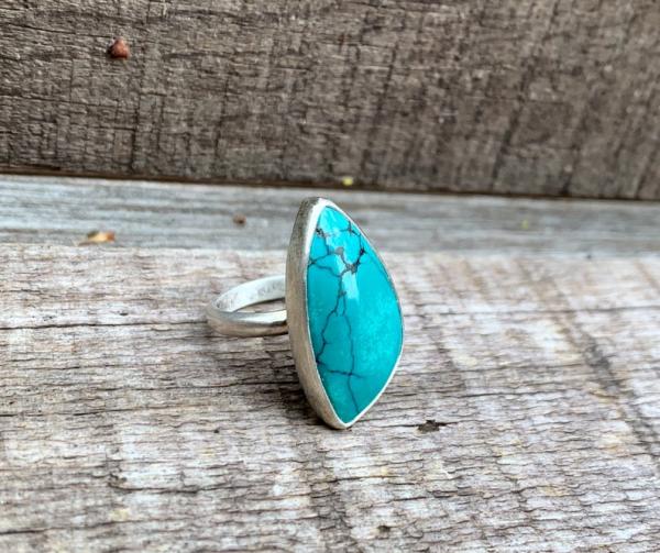 Geometric Bright Blue Veined Turquoise Sterling Silver Statement Ring picture