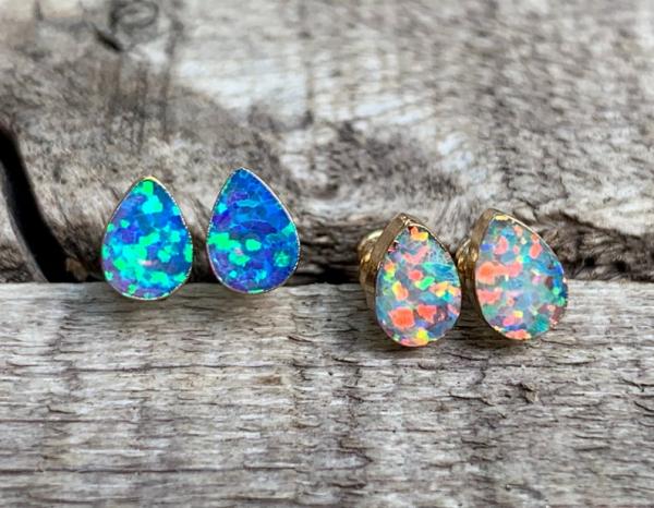 Small Teardrop Luminescent Opal Gold or Silver Earrings | Opal Earrings picture