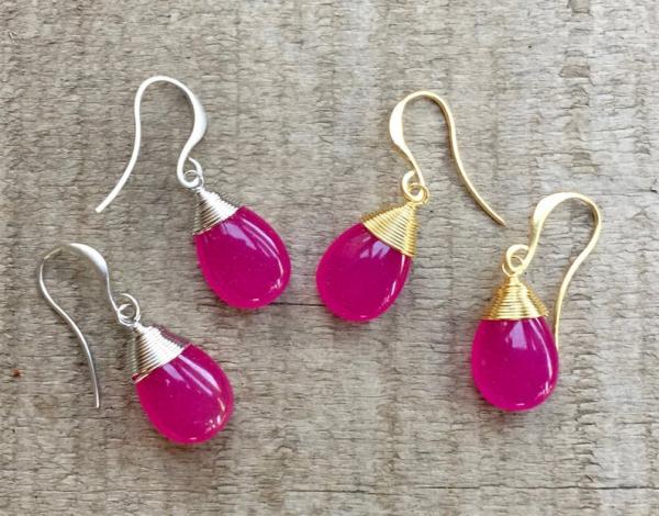 Dainty Elegant Fuchsia Pink Jade Gold Plated or Rhodium Plated Wire Wrapped Dangle Gold Earrings picture