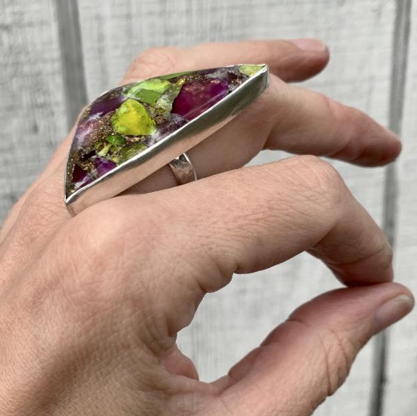 Stunning Large Triangle Prehnite Amethyst Copper Turquoise Sterling Silver Statement Ring with Hand Hammered Ring Band picture