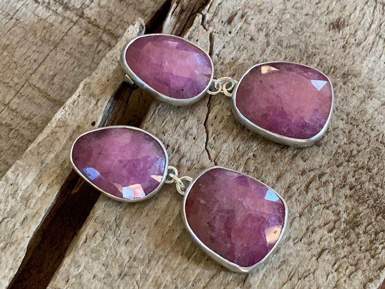 Geometric Free Form Dark Pink Raw Sapphire Sterling Silver Statement Earrings | Sapphire Earrings | Birthstone Jewelry picture