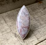 Large Marquise Pink Lilac White Moss Opal Agate Sterling Silver Ring with Hammered Ring Band