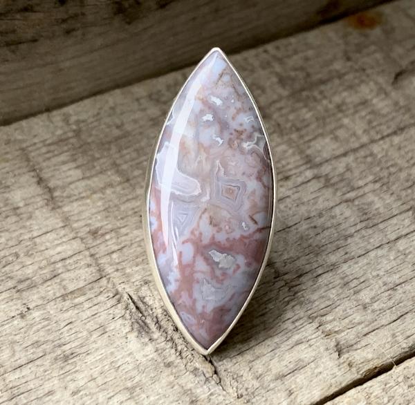 Large Marquise Pink Lilac White Moss Opal Agate Sterling Silver Ring with Hammered Ring Band picture