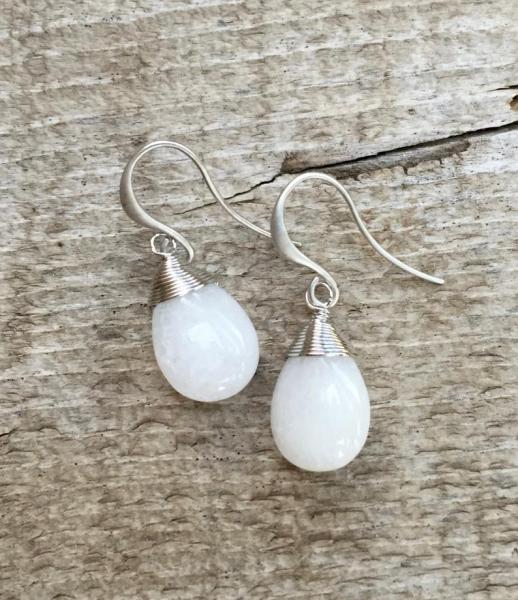 Dainty Elegant White Jade Silver Rhodium Wire Wrapped Dangle Silver Earrings picture