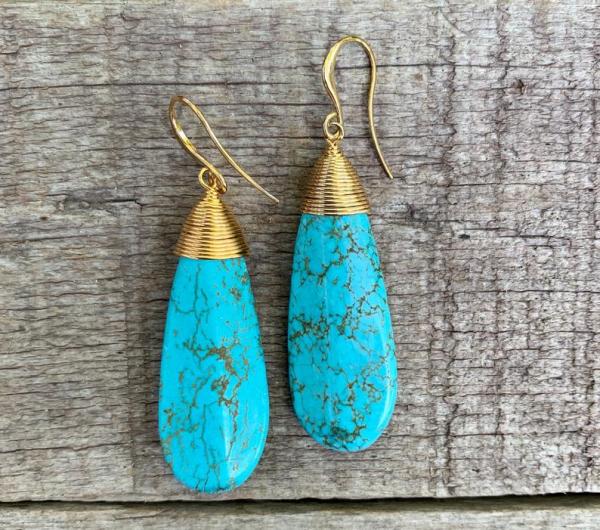 Large Boho Chic Blue Veined Tibetan Turquoise Teardrop Earrings picture