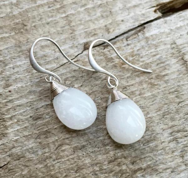 Dainty Elegant White Jade Silver Rhodium Wire Wrapped Dangle Silver Earrings picture