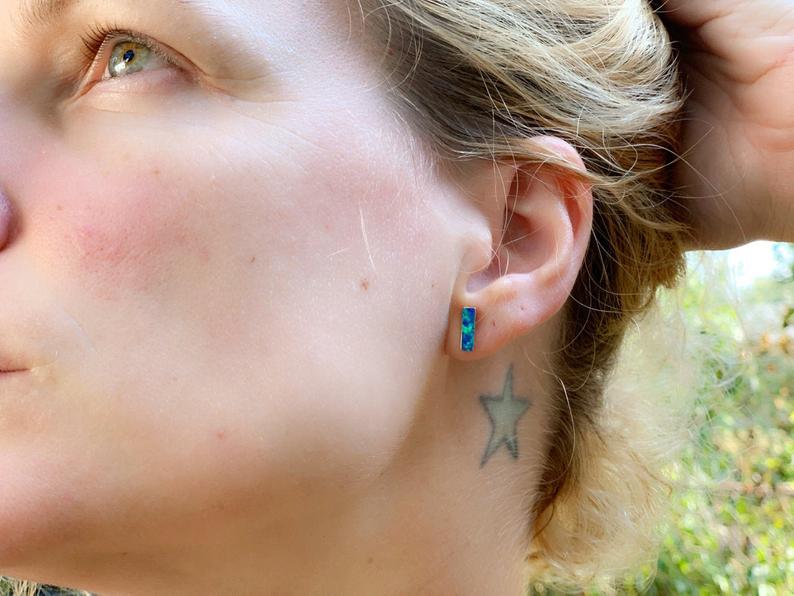 Elegant Bar Opal Gold Earrings | Opal Studs | White Opal Earrings | Blue Opal Earrings picture