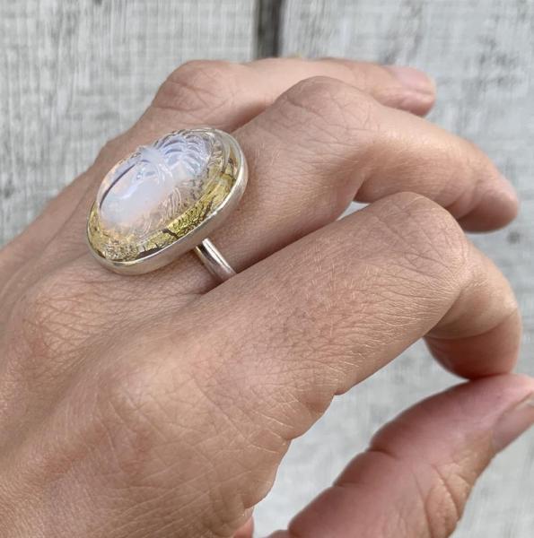 Vintage Oval Opalite Glass with Gold Foil Backing Carved Egyptian Scarab Ring in Sterling Silver picture