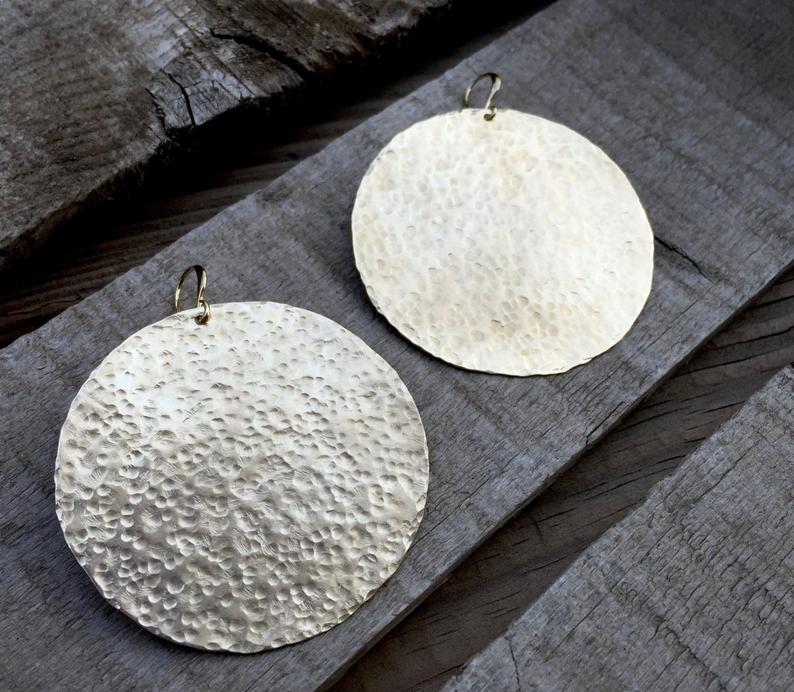 Large Geometric Circle Hammered Texture Gold Brass Statement Earrings picture
