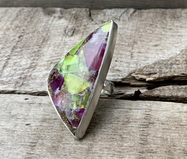 Stunning Large Triangle Prehnite Amethyst Copper Turquoise Sterling Silver Statement Ring with Hand Hammered Ring Band picture