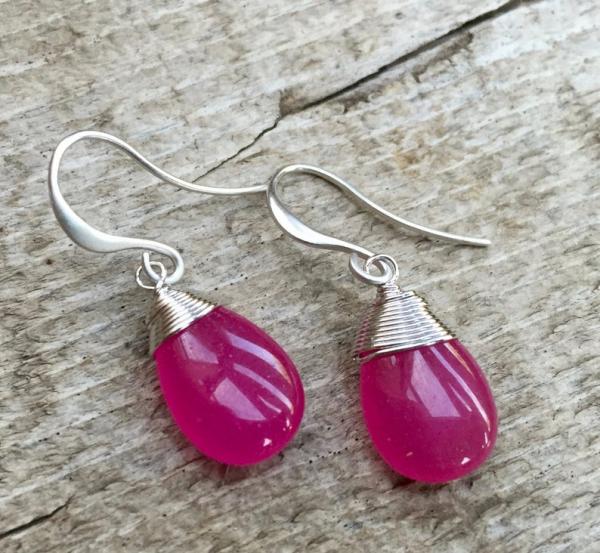 Dainty Elegant Fuchsia Pink Jade Gold Plated or Rhodium Plated Wire Wrapped Dangle Gold Earrings picture