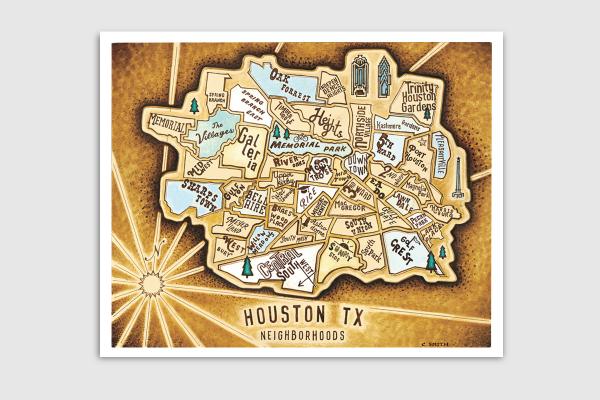 Houston Neighborhoods Map Giclee Prints