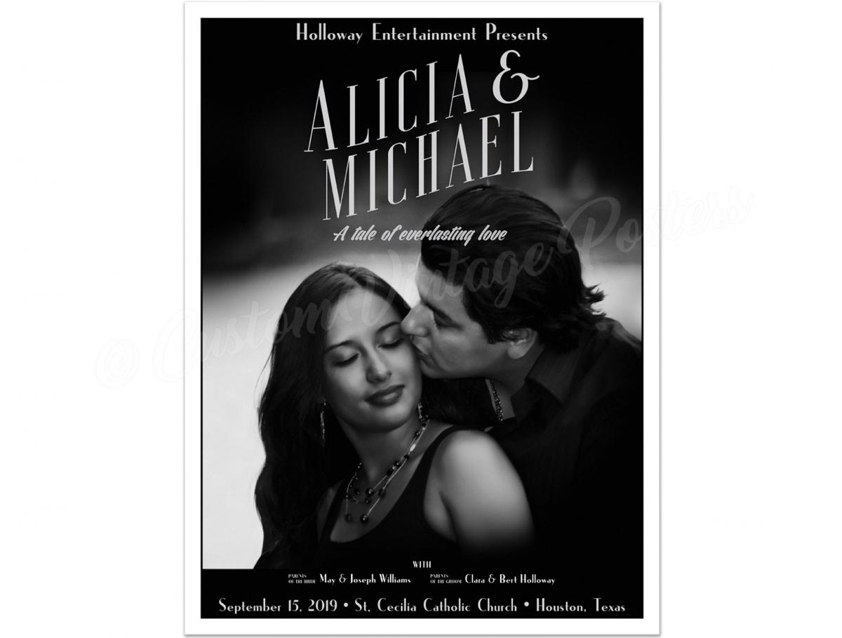 Custom Cinematic Black and White Movie Vintage Style Poster Made From Your Photo - Engagement or Wedding Gift picture