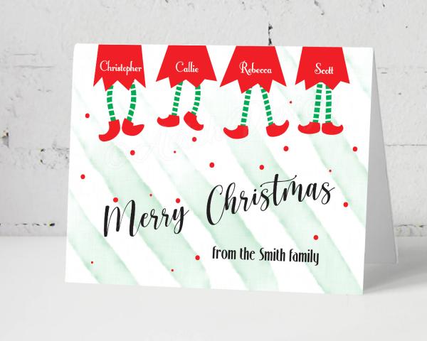 Personalized little elf legs family Christmas holiday cards picture