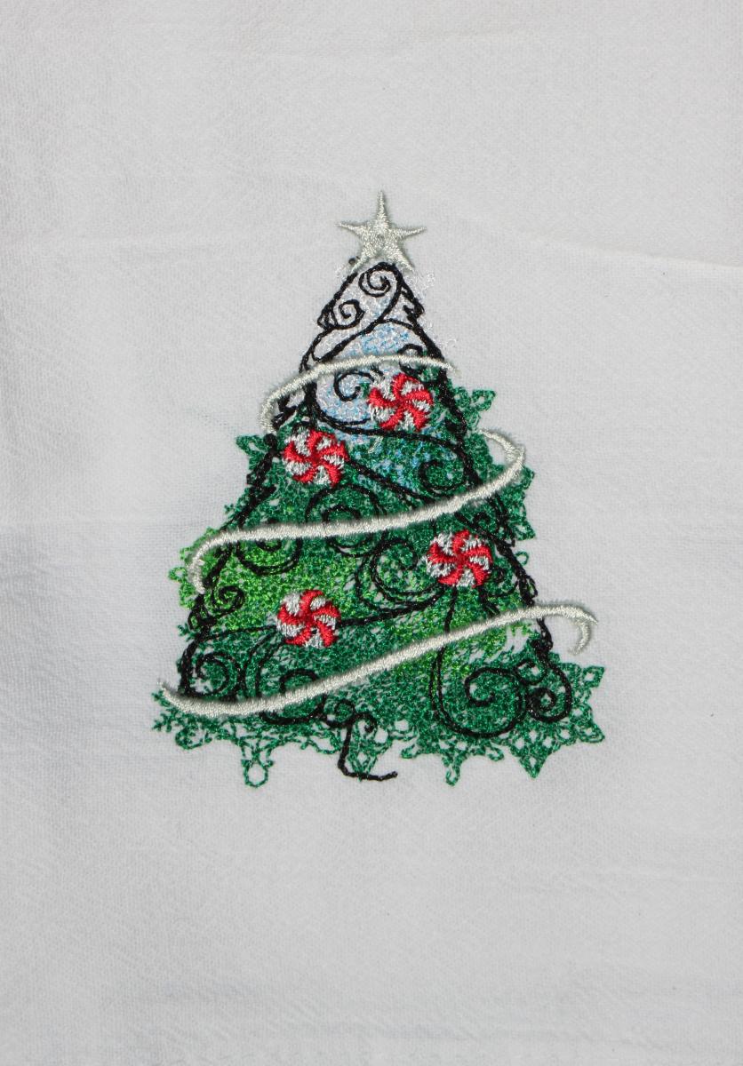 A Beautiful Christmas Tree with Candy cane ornaments is embroidered on a white flour sack tea towel, dish towel, cotton picture