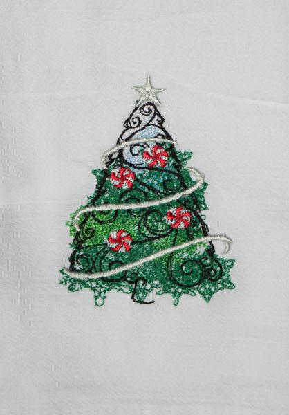 A Beautiful Christmas Tree with Candy cane ornaments is embroidered on a white flour sack tea towel, dish towel, cotton picture