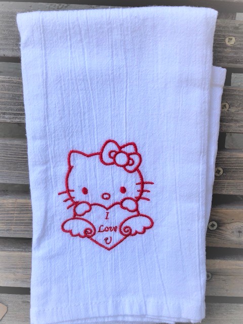 Hello Kitty embroidered on a white flour sack tea towel, dish towel, cotton, large