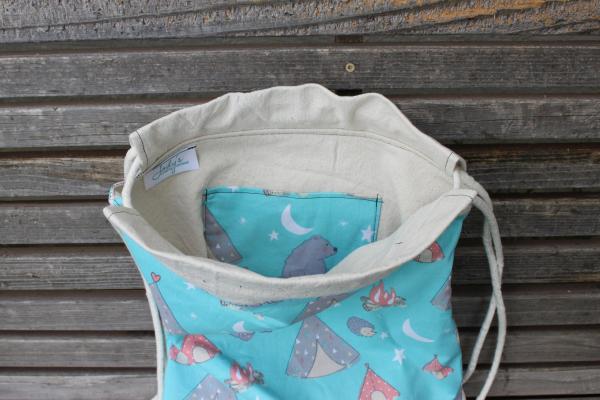 Bear and Hedgehog Porcupine Drawstring backpack, a fun accessory for any outfit, Canvas lined and bottom for durability, inside pocket picture