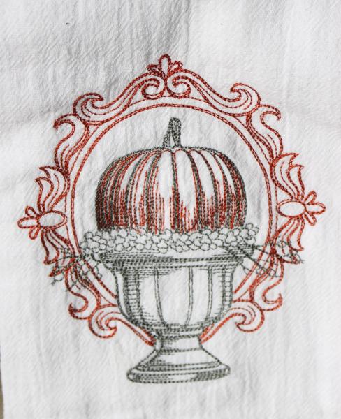 Pumpkin in Urn, fall halloween embroidered on a white flour sack tea towel, dish towel, cotton, large aprox 27x31 picture