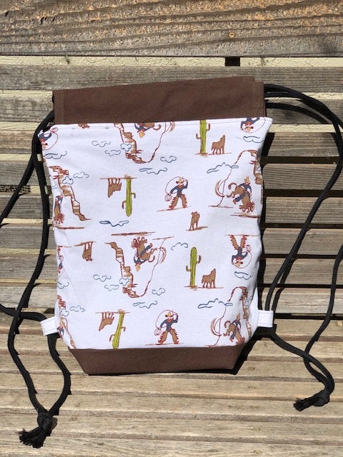 Cowboy Western Drawstring backpack, a fun accessory for any outfit, Canvas lined and bottom for durability, inside pocket picture