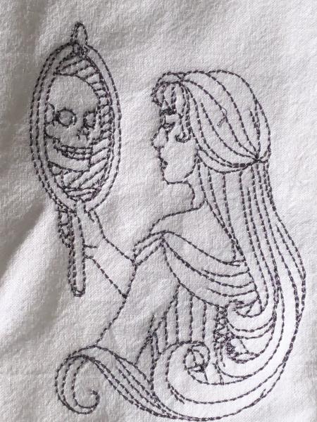 Skull reflection Halloween embroidered on a white flour sack tea towel, dish towel, cotton picture