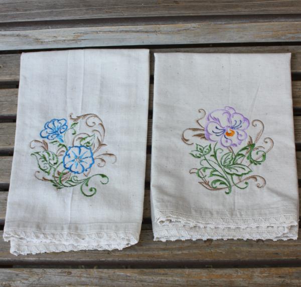 Morning Glory's flower florals embroidered napkins, Dinner Napkins off white, lace edges, 100% Cotton, set of 2