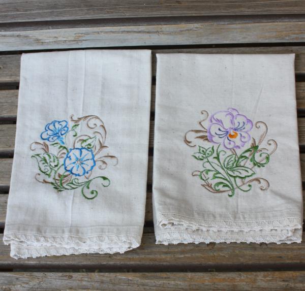 Morning Glory's flower florals embroidered napkins, Dinner Napkins off white, lace edges, 100% Cotton, set of 2 picture