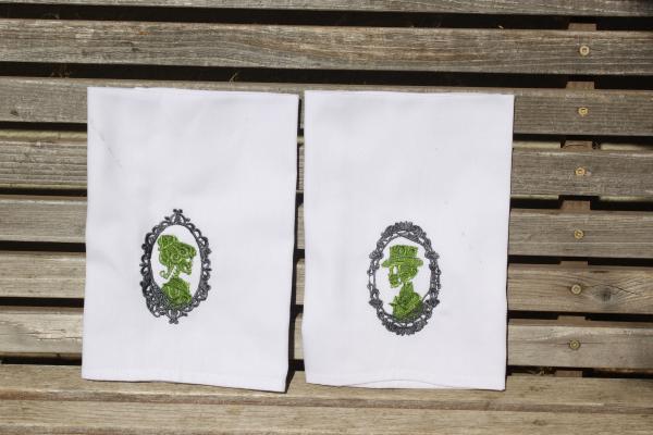 His and Hers skeleton cameo embroidered napkins, Dinner Napkins 19x19 white, 100% Cotton, set of 2 picture