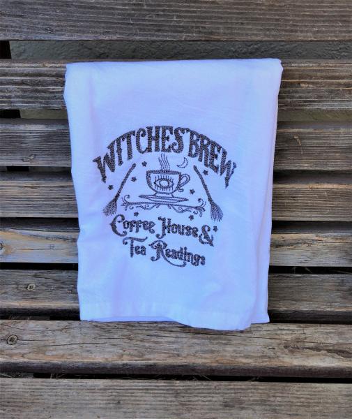 Witches Brew Coffee House and Tea Readings sign embroidered on a white flour sack tea towel, dish towel, cotton, large aprox 29x31