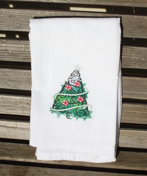 A Beautiful Christmas Tree with Candy cane ornaments is embroidered on a white flour sack tea towel, dish towel, cotton picture