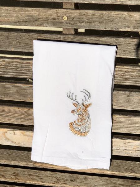 A Christmas Deer, Buck is embroidered on a white flour sack tea towel, dish towel, cotton picture