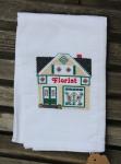 Florist Store in a cross stitch style embroidered on a white tea towel, dish towel, flour sack, cotton, large