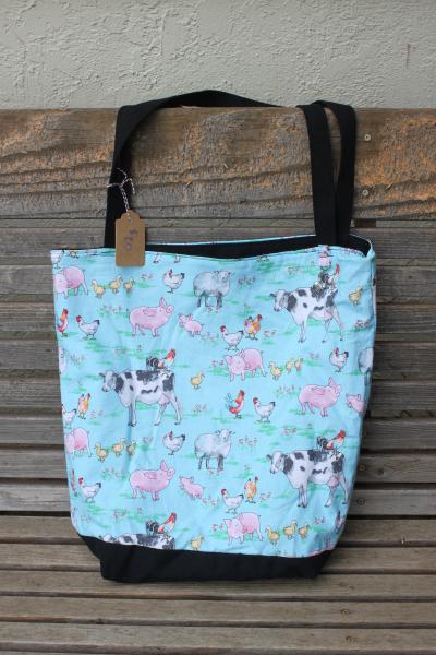 Farm animals tote bag, Reusable shopping bag  groceries, lunch, books, diapers, or overnight bag , Canvas lined and bottom