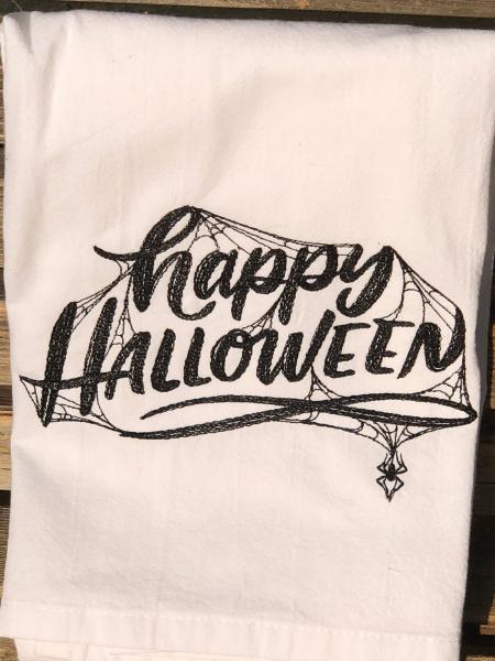 Happy Halloween embroidered on a white flour sack tea towel, dish towel, cotton, picture