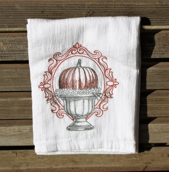 Pumpkin in Urn, fall halloween embroidered on a white flour sack tea towel, dish towel, cotton, large aprox 27x31