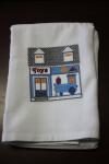 Toy Store embroidered on a white tea towel, dish towel, flour sack, cotton, large