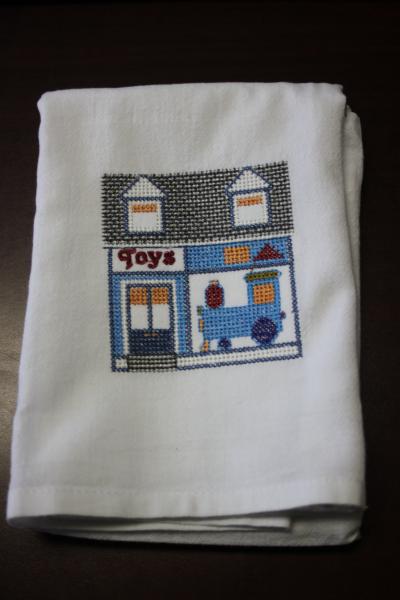 Toy Store embroidered on a white tea towel, dish towel, flour sack, cotton, large picture