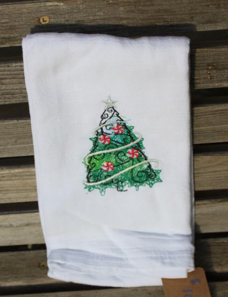 A Beautiful Christmas Tree with Candy cane ornaments is embroidered on a white flour sack tea towel, dish towel, cotton picture