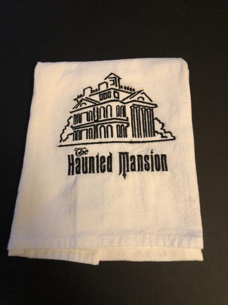 Haunted mansion embroidered on a white flour sack tea towel, dish towel, cotton,