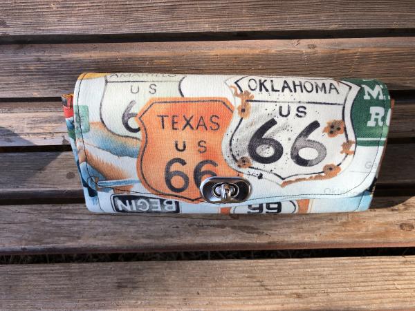 Rt Route 66 wallet, based on the NCW pattern, Accordian wallet.  places for necessities,removable crossbody and wrist strap