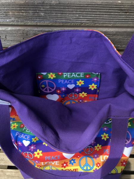 Love and Peace tote, Reusable shopping bag, groceries, lunch, books, diapers or overnight bag Canvas lined and  bottom picture