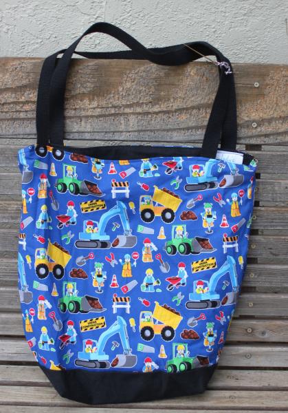 Lego construction worker tote, Reusable shopping bag, Great for groceries, lunch, books, diapers or overnight bag, Canvas lined and  bottom picture