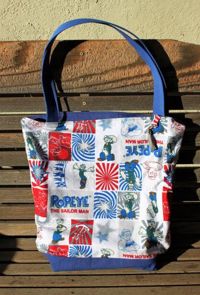 Popeye the Sailor Man flannel tote, Reusable shopping bag, groceries, lunch, books, diapers or overnight bag Canvas lined and  bottom