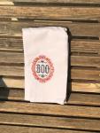 Halloween Boo embroidered on a white flour sack tea towel, dish towel, cotton,