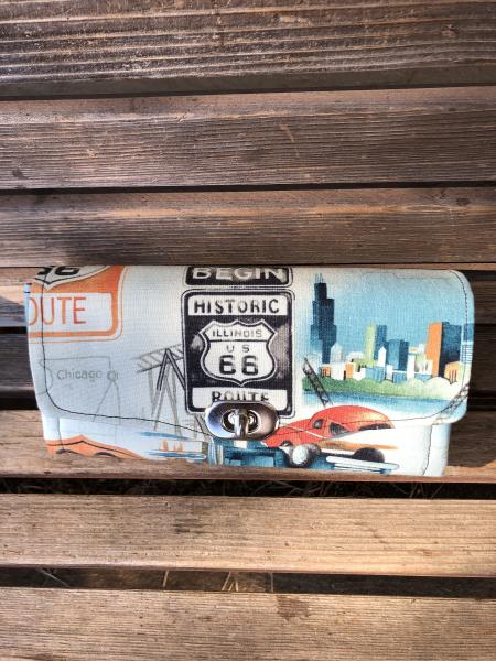 Rt Route 66 wallet, based on the NCW pattern, Accordian wallet.  places for necessities,removable crossbody and wrist strap